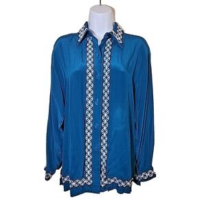 Vtg Diane Von Furstenberg Embroidered Geisha Silk Blouse Women's Sz XS Teal Blue